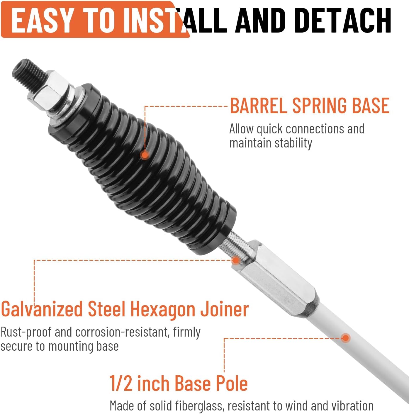 Sand Safety Flag with Barrel Spring Mounting Base, 12" x 12" PVC Reflective Flag, 9.3Ft Max Height, Compatible with UTV, ATV SUV, Truck & Off-road - Image 4