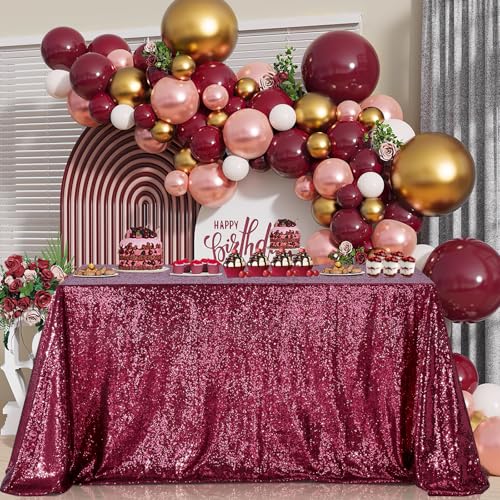 Image of B-COOL Sequin Tablecloth Bling Party Wedding Tablecloths for Rectangular & Round Table Sparkle Sequence Table Skirts Cloths Home Kitchen Dinner Christmas New Year Parties Burgundy 90x132 Inch