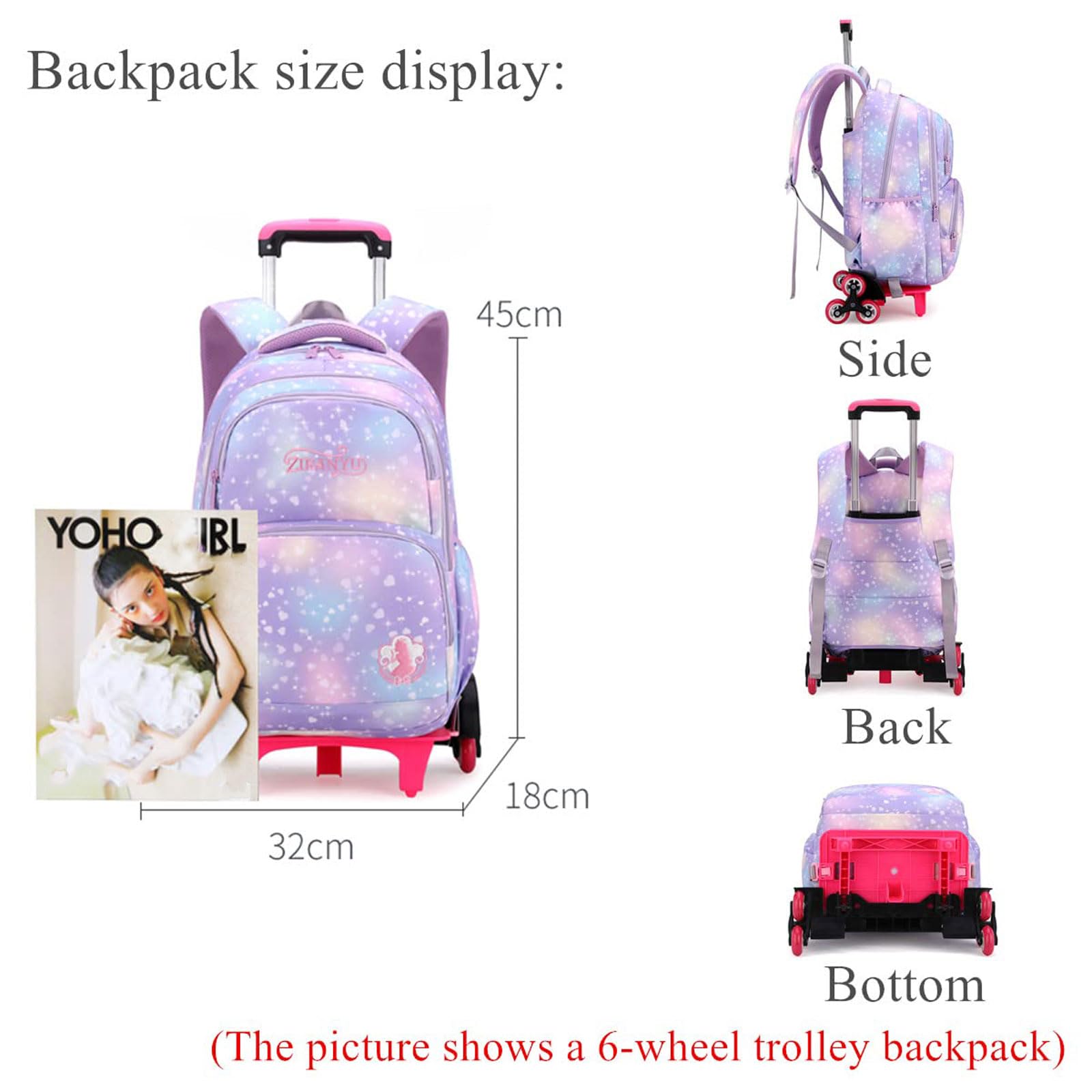 Sac à dos à roulettes pour fille ,Cartable à Roulettes Primaire ,Poignée réglable ,Plusieurs poches avant ,Avec compartiment pour bouteille d'eau,Imperméable ,pour Quotidien et Voyage 6-12 Ans