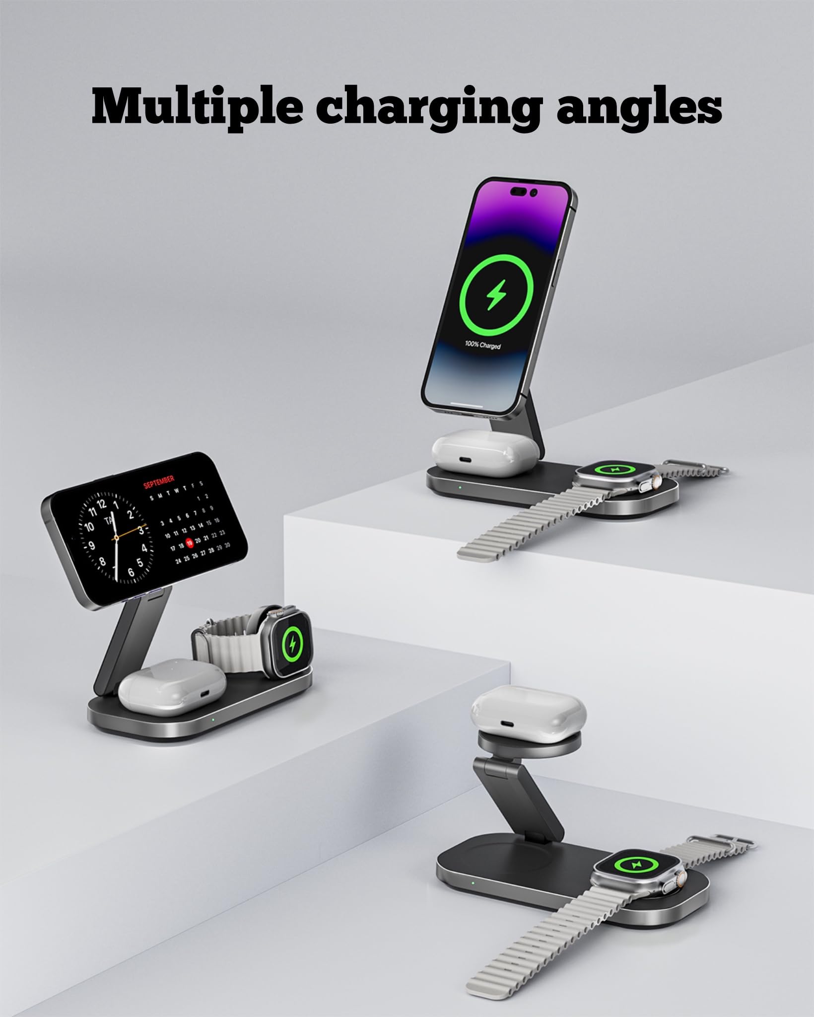 3 in 1 Wireless Charging Station - Foldable Wireless For iPhone, Apple Watch And AirPods | Travel-Ready iPhone Magsafe Charger Stand | Compact Fast Charge Stand | Adapter Included (Black) — view 6