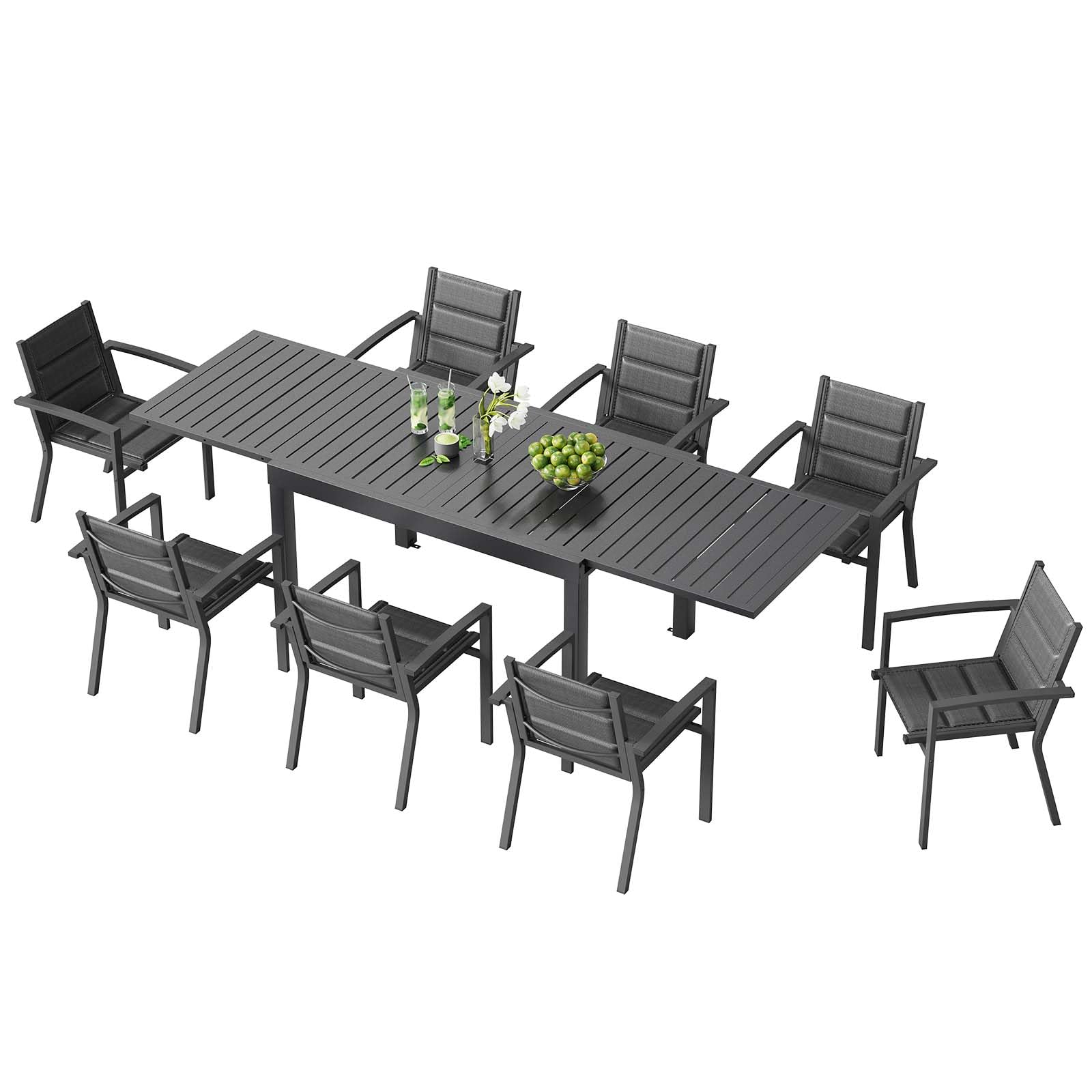 TRIUMPHKEY Set Tavolo e Sedie da Giardino per 8 Persone con Tavolo e Sedie da Esterno Allungabile (130-260 cm) e 8 Sedie Impilabili in Alluminio - Set per Terrazzo e Giardino, Grigio scuro