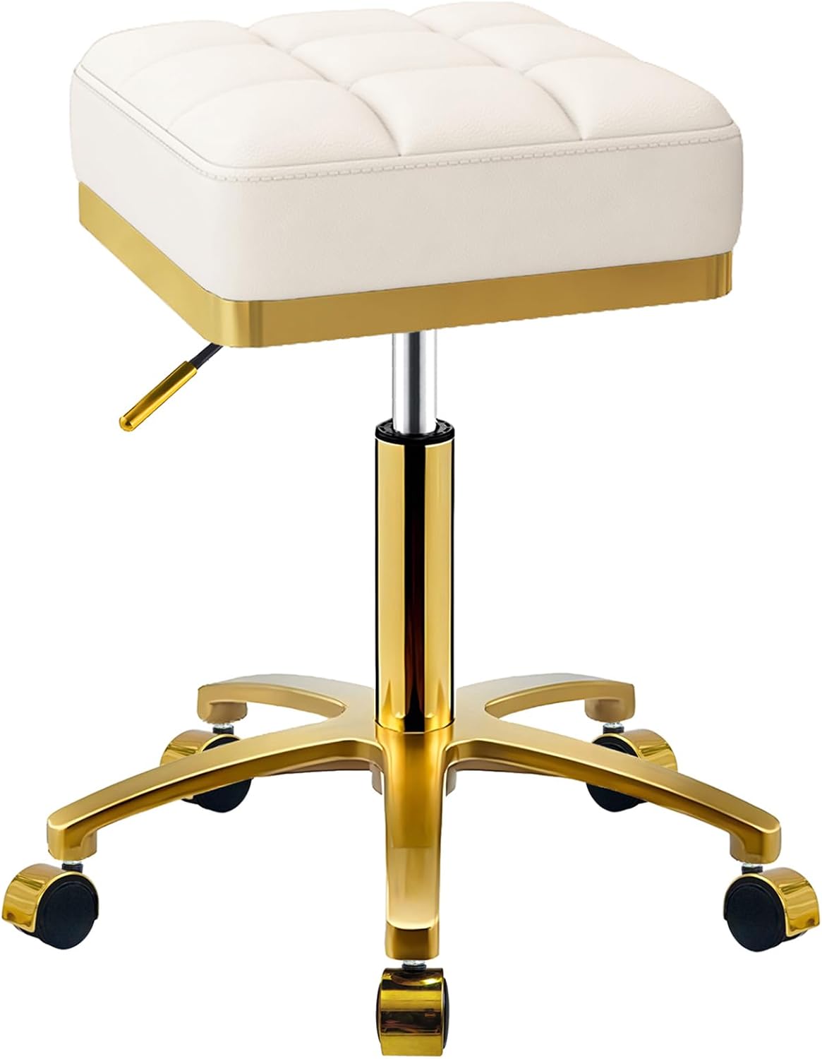 Square Rolling Stool Gold Adjustable Swivel Stools with Wheels, Vanity Lash Nail Salon Spa Roller Chair, Esthetician Massage Office Pedicure Stool, Heavy Duty Gold Plated Frame (White)