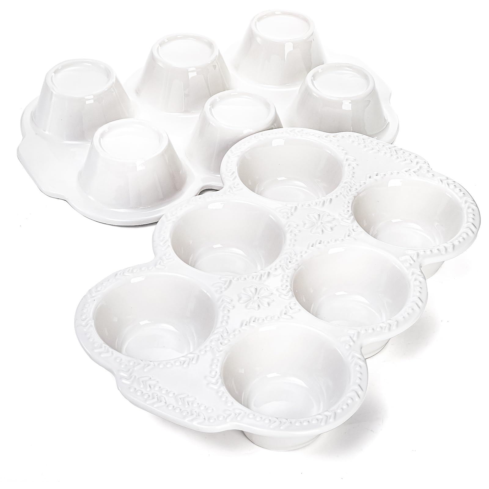 Hiceeden 2 Stück 6 Tassen Keramik Muffinform Antihaft Cupcake Backformen mit Griff Keramik Muffinform mit geprägtem Muster für Muffin Cupcake Weiß