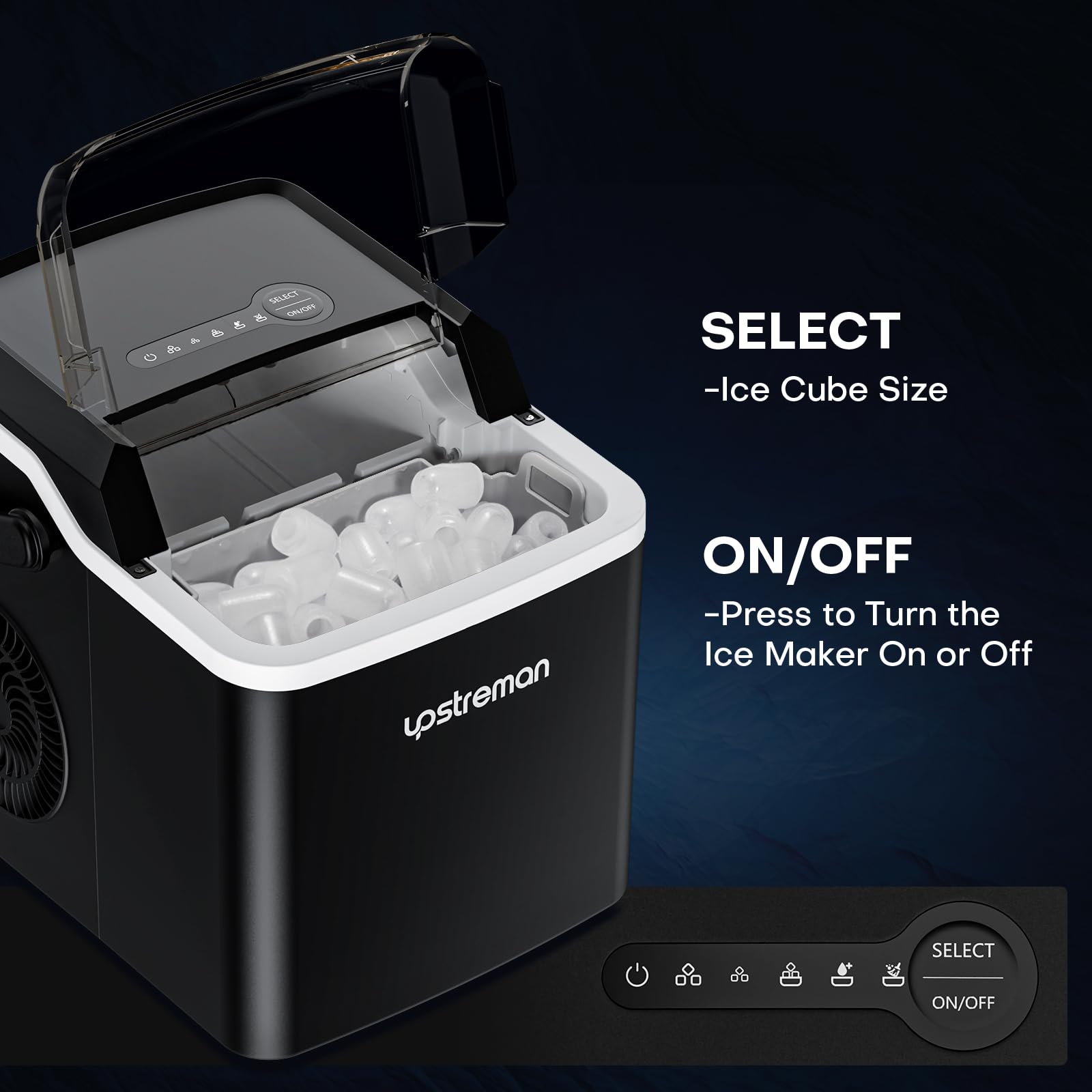 Upstreman Y90 Countertop Ice Maker, Self-Cleaning Ice Cube Maker Machine, Max 26lbs/Day, 9 Ice Cubes Ready In 6 Mins, Portable Bullet Ice Maker For Home, Kitchen, Office, Party on Fridge.com - View 5