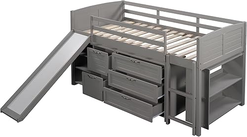 Miniatura 6 de NCKMYB Cama alta baja de madera con tobogán y almacenamiento cama alta de tamaño individual con cómoda para niños y niñas gris