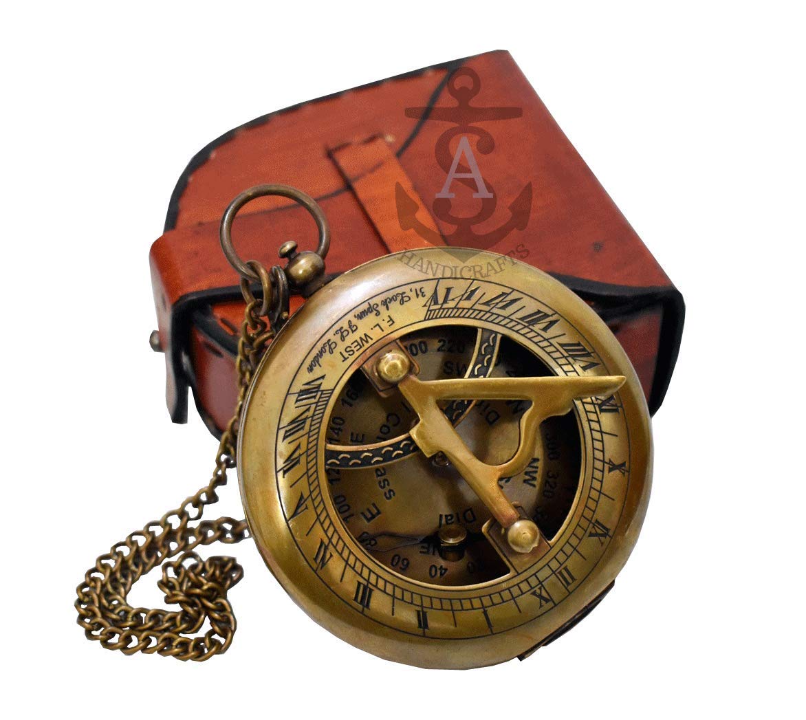 Antique Steampunk BRASS-SUNDIAL-COMPASS Sundial Watch with Leather case Sundial