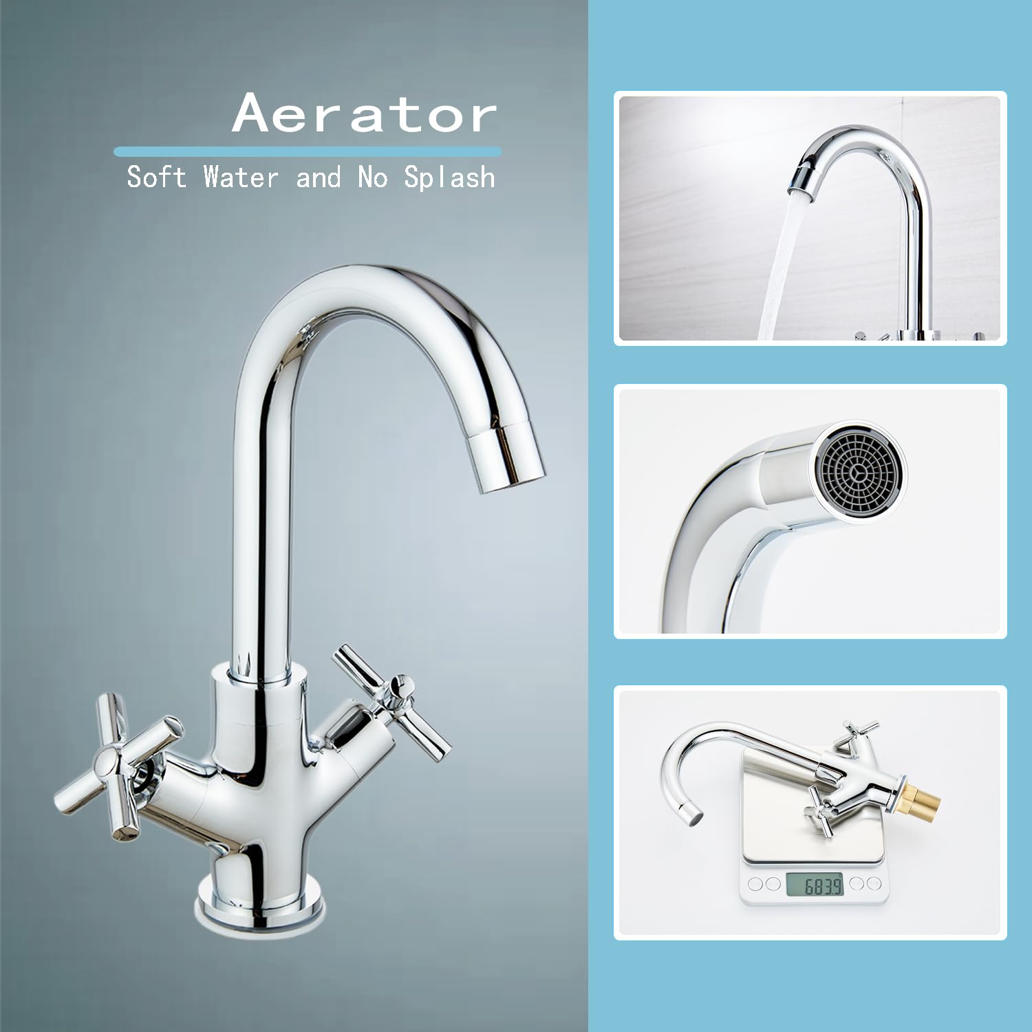 Eovem Basin Mixer Tap Dual Cross Lever Bathroom Basin taps 360 Swivel Spout Basin Sink Mixer Tap,Chrome - Image 4