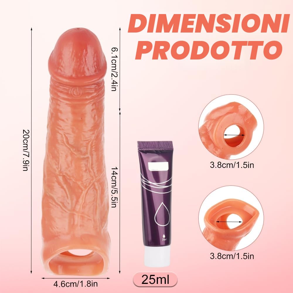 Guaina Pene, Prolunga PenE Indossabile Uomo con Anelli, 20cm/7,9inch Guaine E Prolunghe per Il Pene, Dildo Realistico In Silicone con Vene, Toys Sessuali