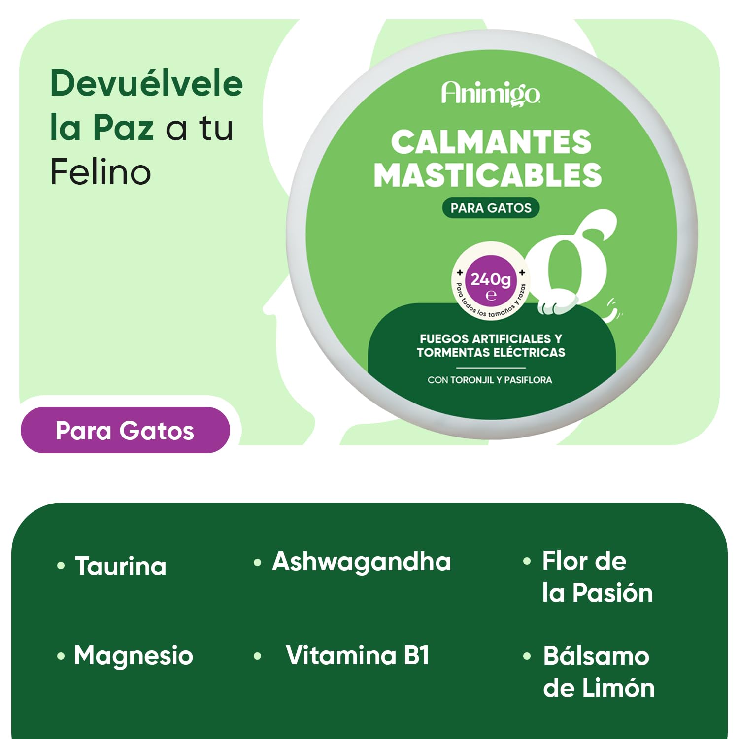 animigo Calmante para Gatos en Comprimidos Masticables - Antiestrés Natural para Gatos Nerviosos, Estrés por Cambios, Viajes o Veterinario - Relajante con Taurina, Pasiflora y Ashwagandha