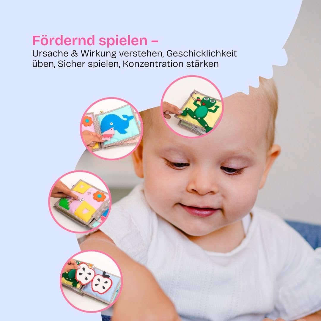 Jolly Designs Mini Quiet Book Dösender Löwe – Montessori Spielzeug ab 1 Jahr – Stoffbuch & Busy Book ohne lose Teile – Lernspielzeug aus Filz – Motorikbuch für Babys & Kleinkinder