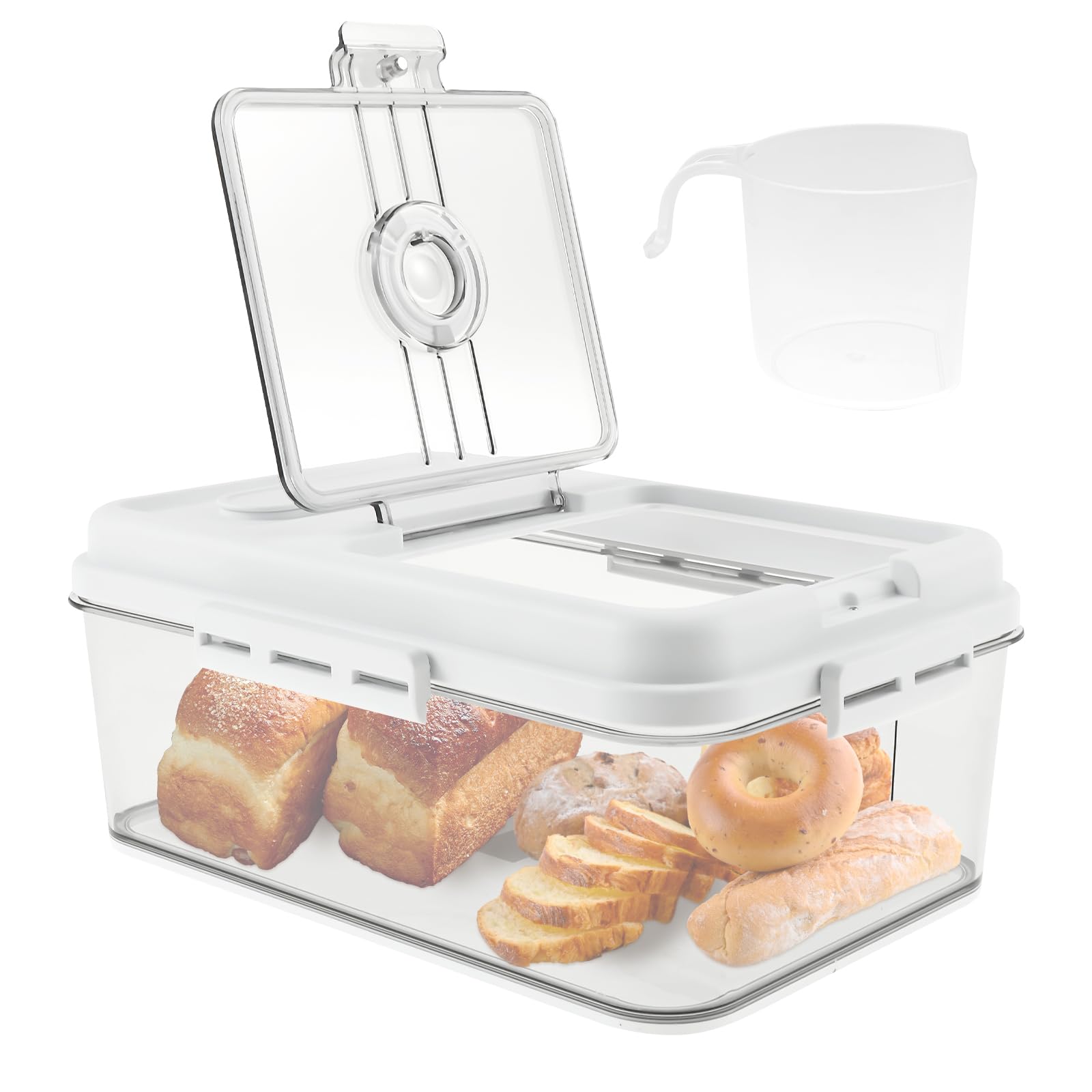 Ghshanog 32X22x13cm Bread Bin Airtight Bread Container For Homemade, Time Recording Breads Box With Lid, Clear Breads Bins Storage Kitchen Countertop,Breades Keeper With Measuring Cup For Bun Bagel Sandwich(32X22x13cm)