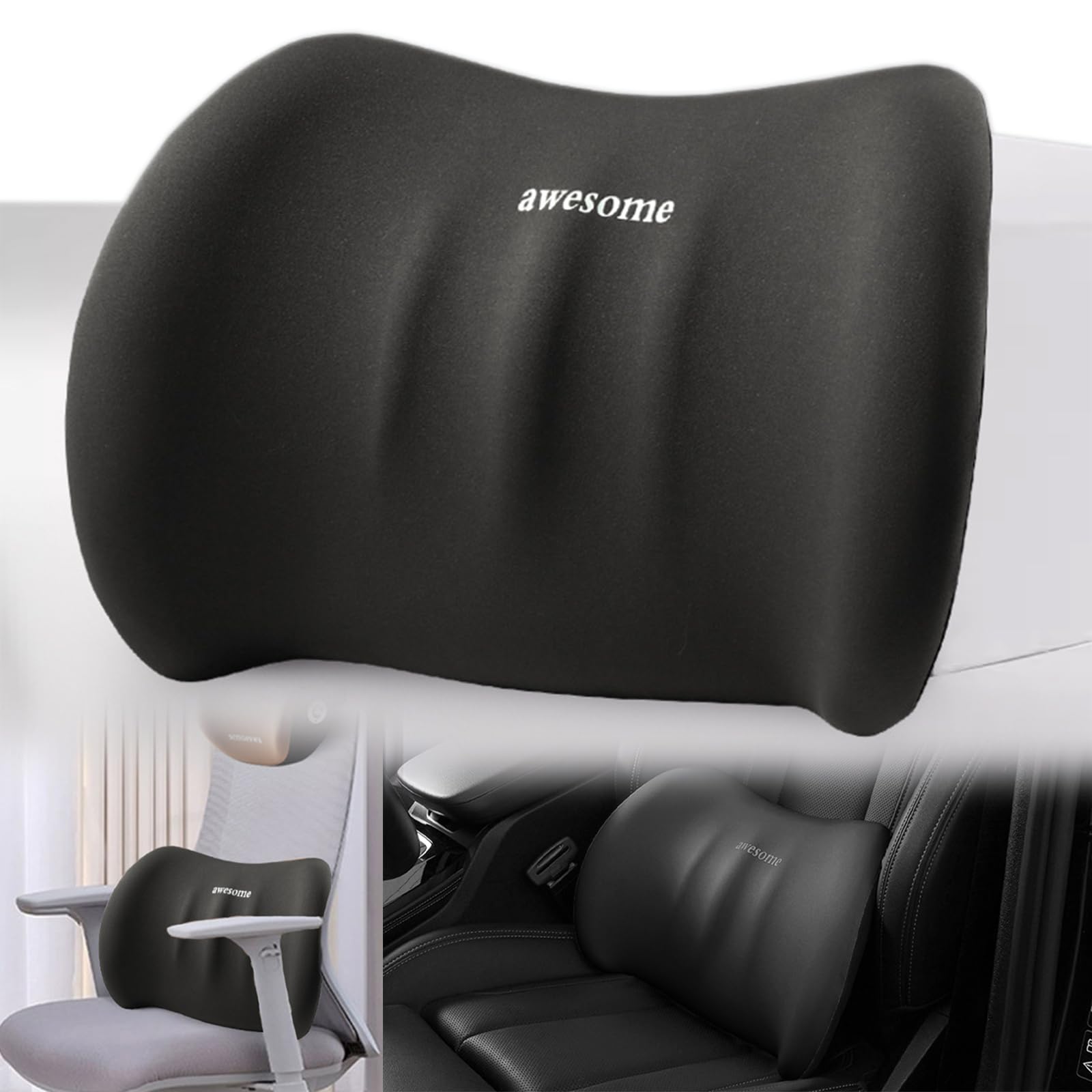 Cojin Lumbar Coche, Cojin Silla Oficina,Cojin Ergonomico Silla Oficina, Respaldo Asiento Coche con Esponja Memoria,para la Silla de Oficina y Asiento del Coche (Negro)