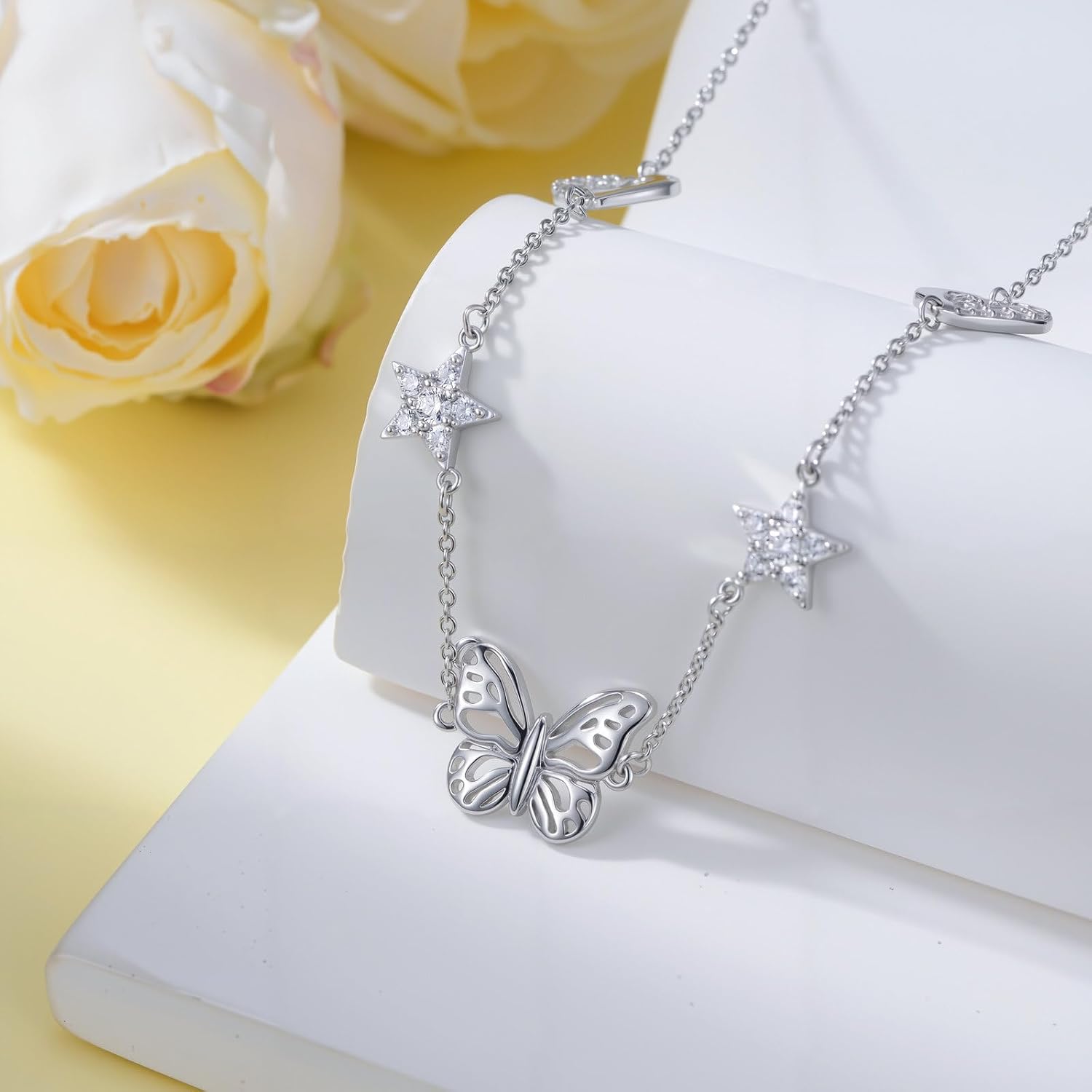 925 Sterling Silver Dainty Butterfly Pendant Necklace,Cubic Zirconia Butterfly Necklace 18''+2'' Adjustable Chain Trendy Jewelry for Women