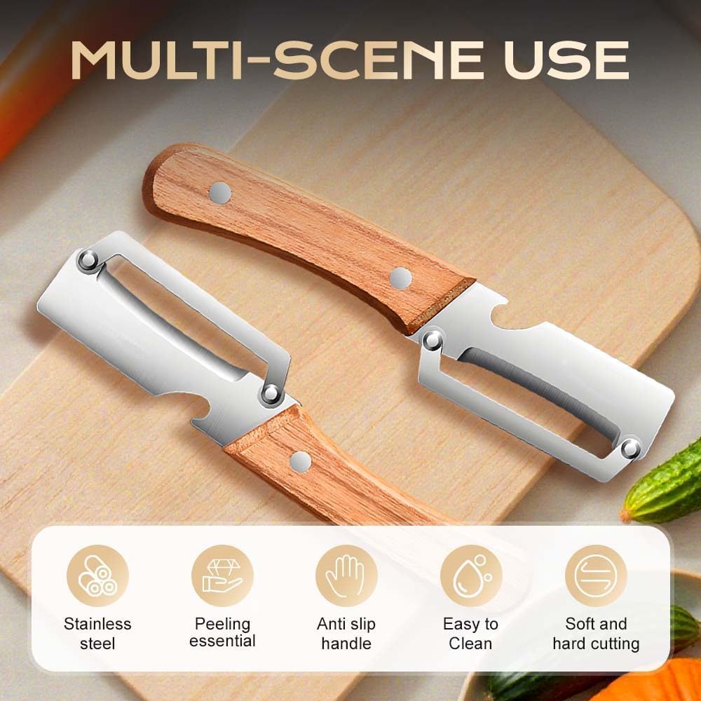 2 Pcs Premium Vegetable Peeler with Wooden Handle and Bottle Opener: 2-in-1 Stainless Steel Kitchen Tool for Fruit Apple Potato Pumpkin Papaya — view 2