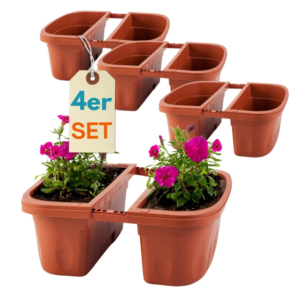 GarPet 4er Set Blumenkasten Balkongeländer Beidseitig Balkon Blumenkasten Doppelseitig Balkonkasten mit Halterung Geländerkasten mit Wasserspeicher Teracotta 40 cm