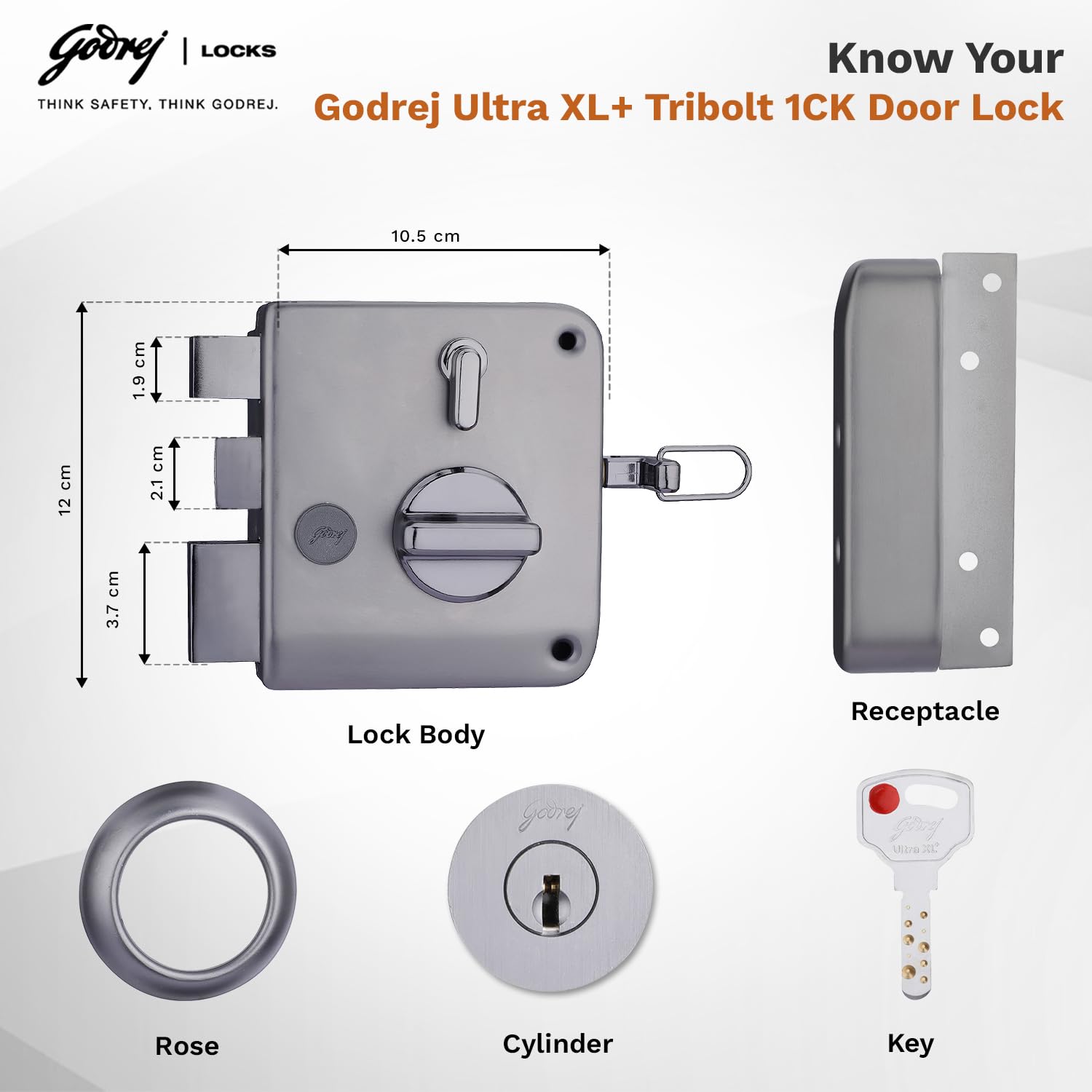 Godrej Rim Lock I Tribolt Ultra XL+ l 1CK Latchbolt I for Inside Opening Wooden Door | Left/Right Handed Doors I 4 Keys I 5-Year Warranty I Automatic Locking l Matte Black Nickel Finish — Amazon image 5
