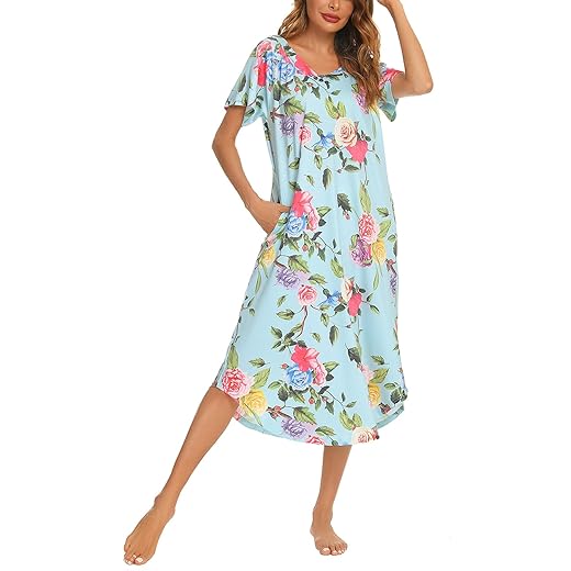 YOZLY Nightgowns for Women Soft Night Gown Short Sleeve House Dress Green Stripe, XX-Large