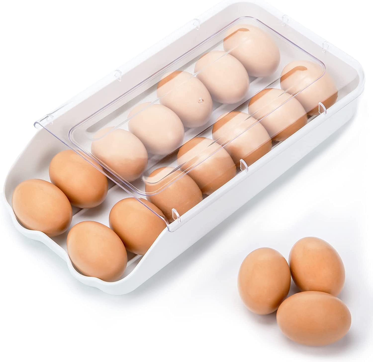 SHREYA STORE Egg Holder For Refrigerator Pull Out Bins Fridge Organizer Drawer Stackable Auto Scrolling Egg Storage Container with Lid | Clear Plastic Egg Trays for Kitchen Fit 14 Eggs