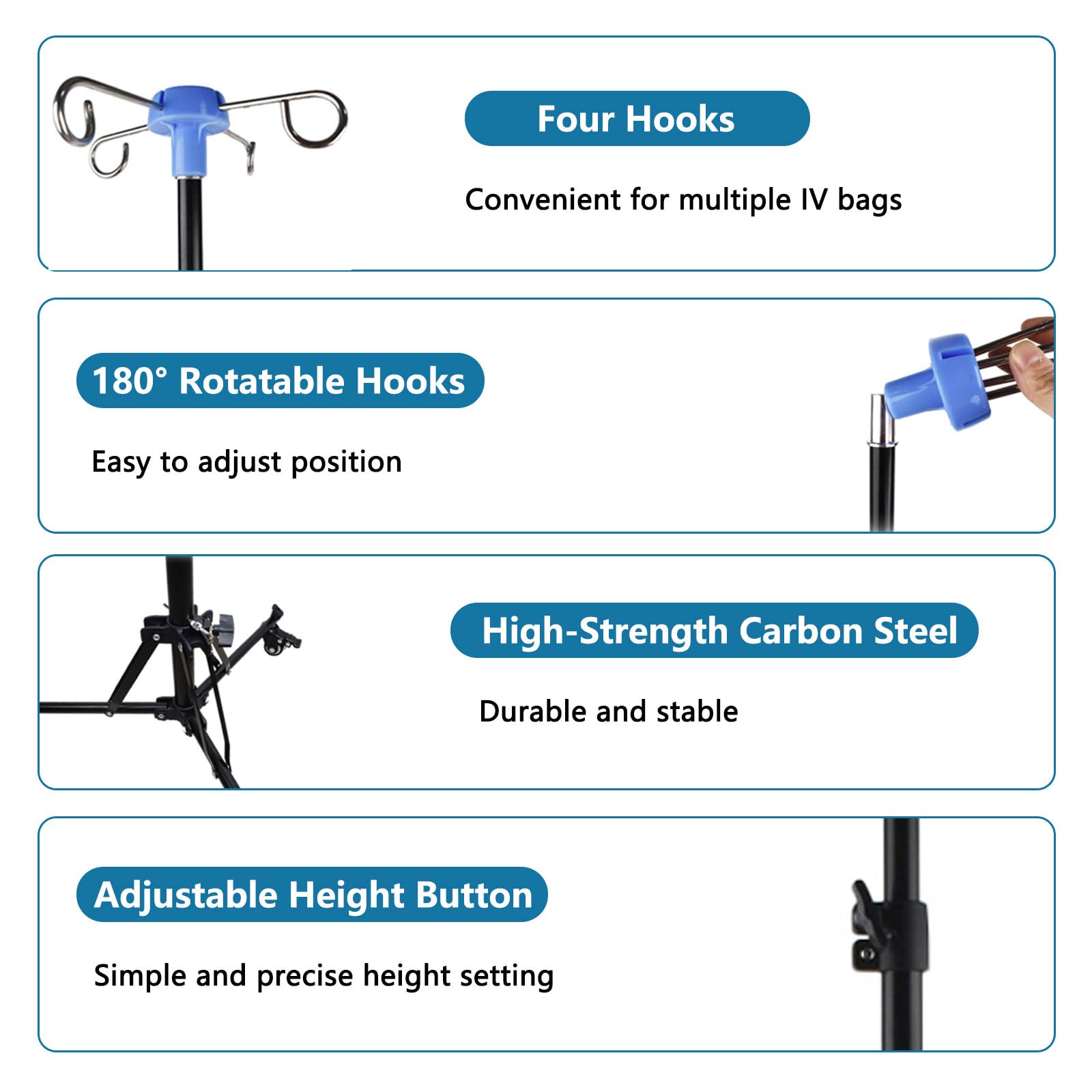 Support à perfusion avec roulettes, pliable et mobile, hauteur réglable de 90 à 190 cm, 4 crochets rotatifs à 180 °, avec 3 poches en filet, sac de transport et roulettes de frein - Porte-perfusion
