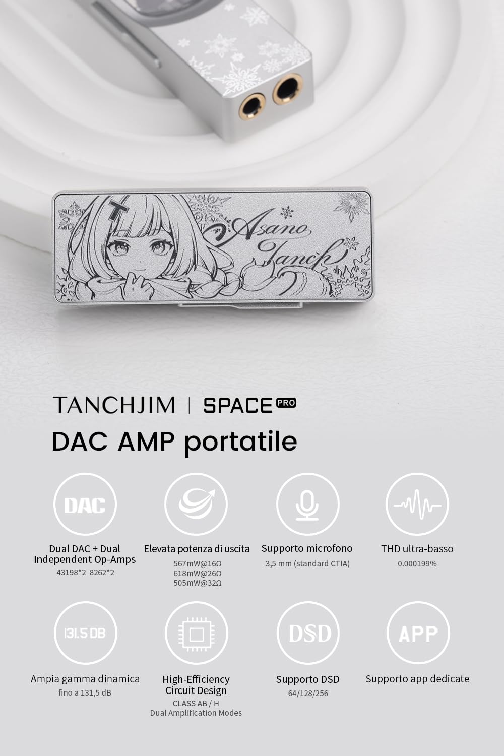 TANCHJIM SPACE PRO Amplificatore Cuffie, Doppio DAC CS43198, Amplificazione Indipendente, 618mW, Uscita 3.5/4.4mm, PCM768kHz DSD256, Gioco/Audio, Supporto Mic e Virtuale 5.1/7.1