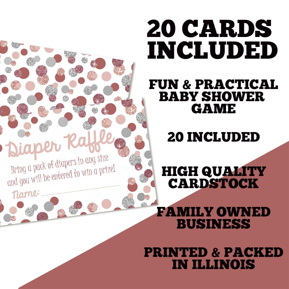 Amanda Creation Diaper Raffle Tickets for Baby Shower – Pack of 20 2” X 3.5” Rose Gold and Silver Polka Dot Double Sided Game Cards, Stock Up on Diapers Only Made in the USA