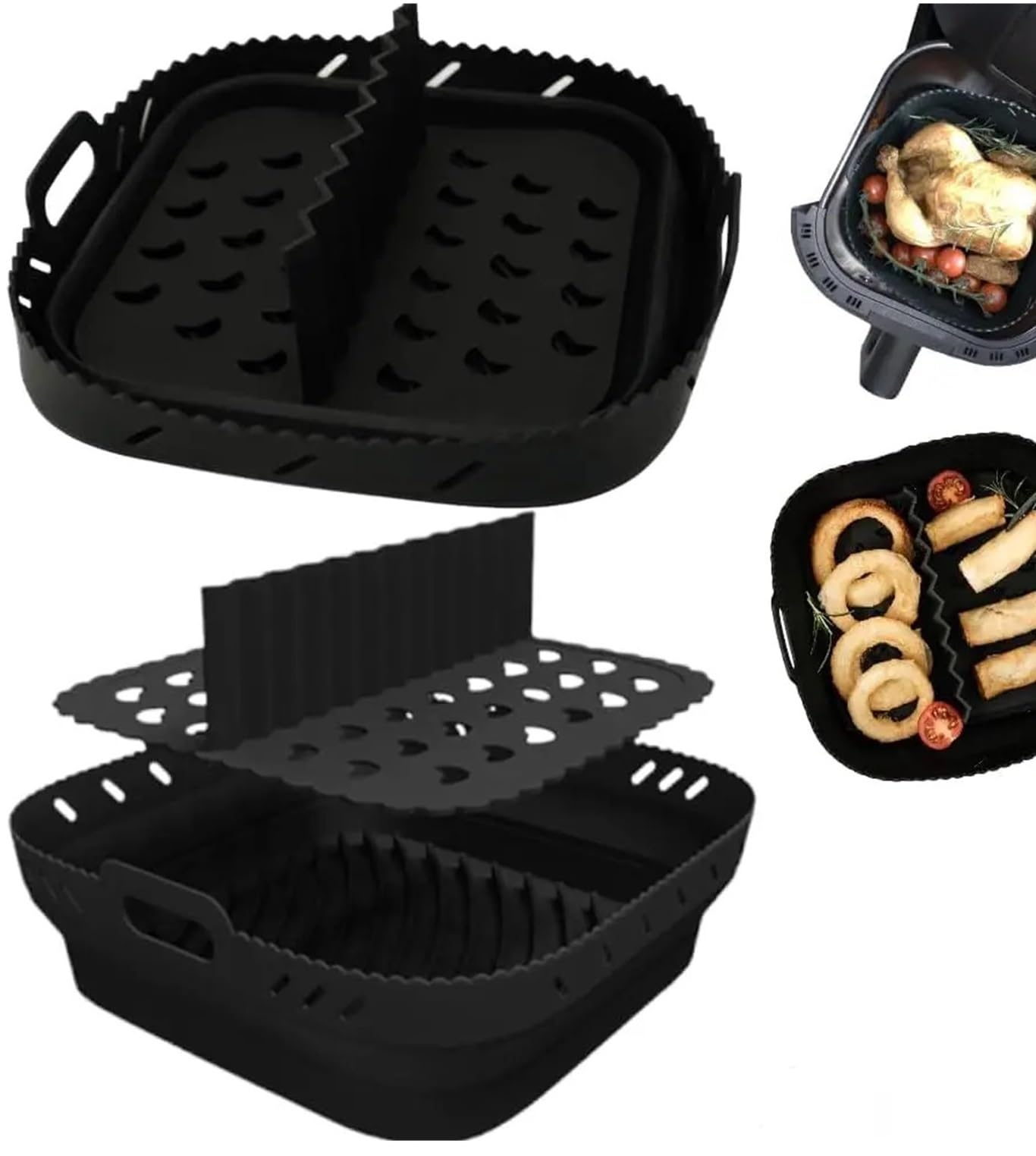 Revestimiento cuadrado de silicona for freidora de aire con divisor | Antiadherente, fácil de limpiar, apto for lavavajillas, elevador de alimentos, resistente a altas temperaturas(Black)