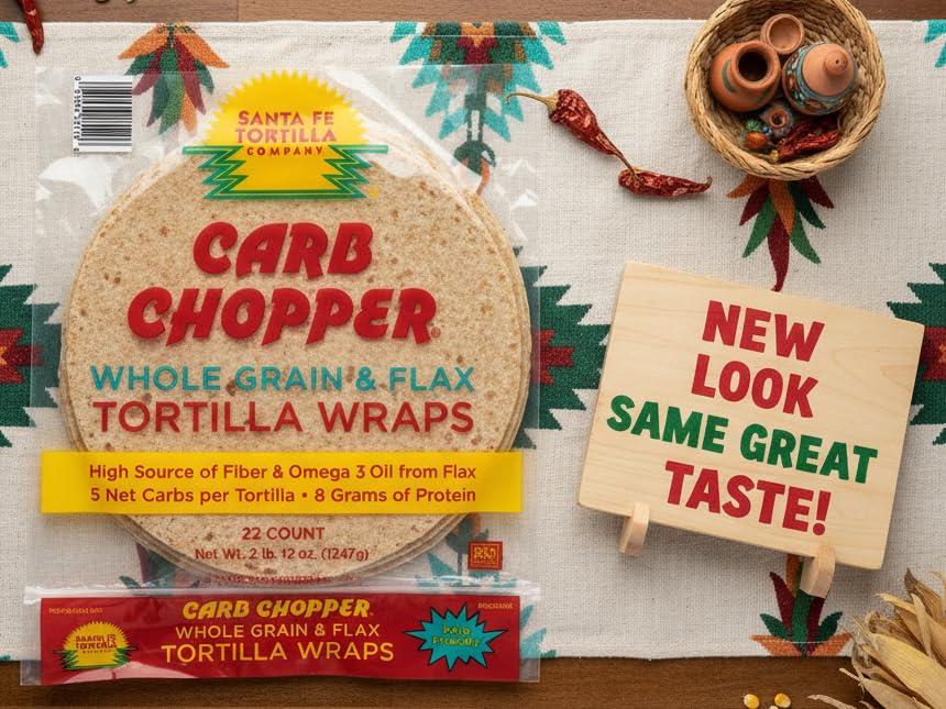 Santa Fe Tortilla Company Carb Chopper 9in Keto-Friendly Low-Carb Tortilla Wraps (22ct) - 5 Net Carbs, 100 Calories, 8g Fiber & Protein, 100% Whole Grain & Flax, Vegan, Heart-Healthy, No Trans Fats, Aluminum-Free, Kosher Certified, USA Made, Resealable Freshness