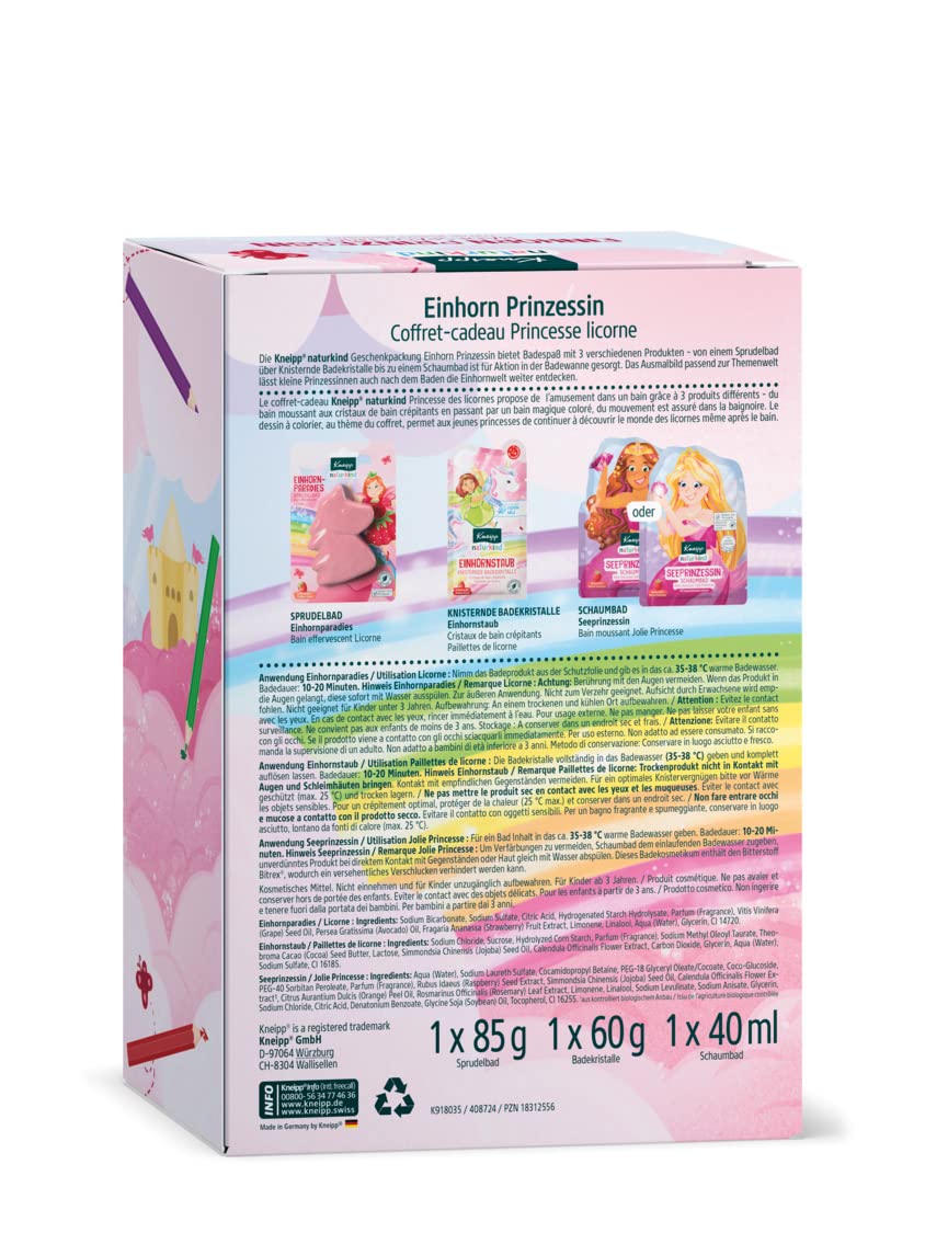 Kneipp Naturkind Jednorożec Pudełko Prezent Księżniczka - 1 kąpiel musująca raj jednorożec (85 g), trzaskające kryształy kąpielowe (60 g) i kąpiel z pianką księżniczką morską (40 ml) - Zabawa i