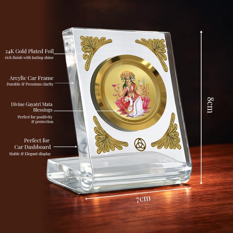 Image of DIVINITI 24K Gold Plated Gayatri Maa Acrylic Frame for Car Dashboard, Home Temple & Office Table | Premium Spiritual Gift, Blessings for Protection & Positivity, 8x7 cm Decorative Showpiece