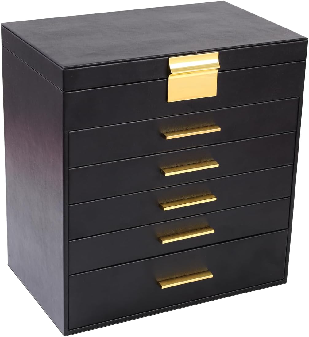 BOOVO Jewelry Boxes for Women,6 Layer White and Black Large Jewelry Box for Necklace, Bracelet, Earrings, Rings Storage, Jewelry holder Organizer for Girls Christmas Gift (Black)