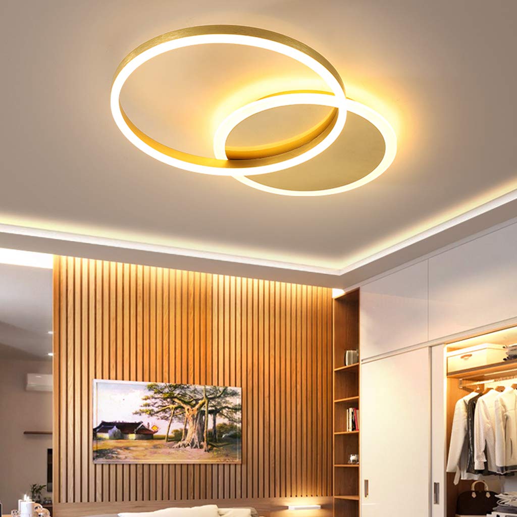 LED Deckenleuchte Dimmbar Deckenlampe Ring Metall Schlafzimmerlampe modern Acryl Deckenbeleuchtung Wohnzimmerlampe Kinderzimmer Esszimmer Bad Flur Pendelleuchte,Gold,2 Ringe