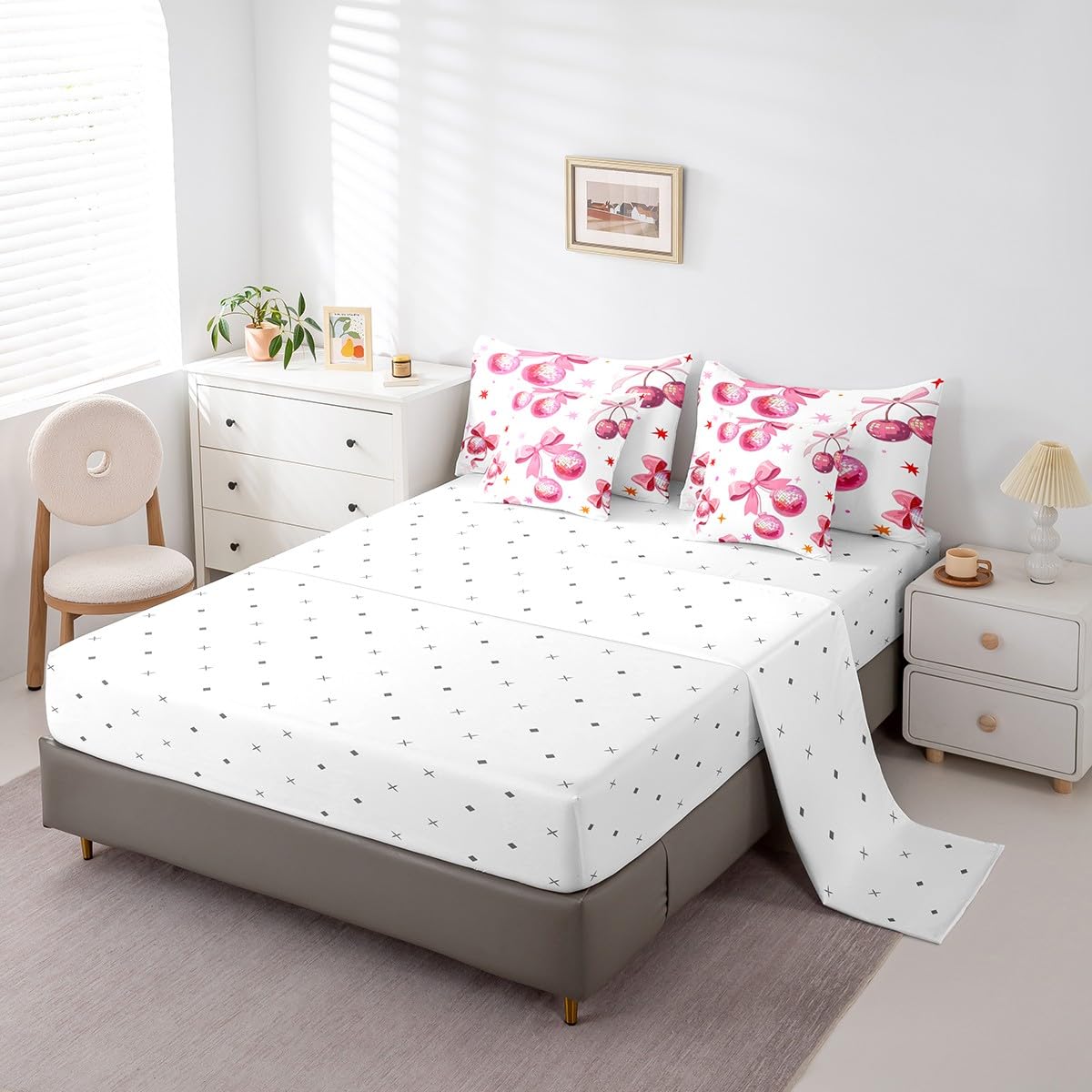 Juego de edredón de 7 piezas con música pop de los años 70 y 80, juego de cama rosa con bola de discoteca cereza, ropa de cama estilo princesa con lazo femenino en una bolsa, tamaño Queen (1 edredón,