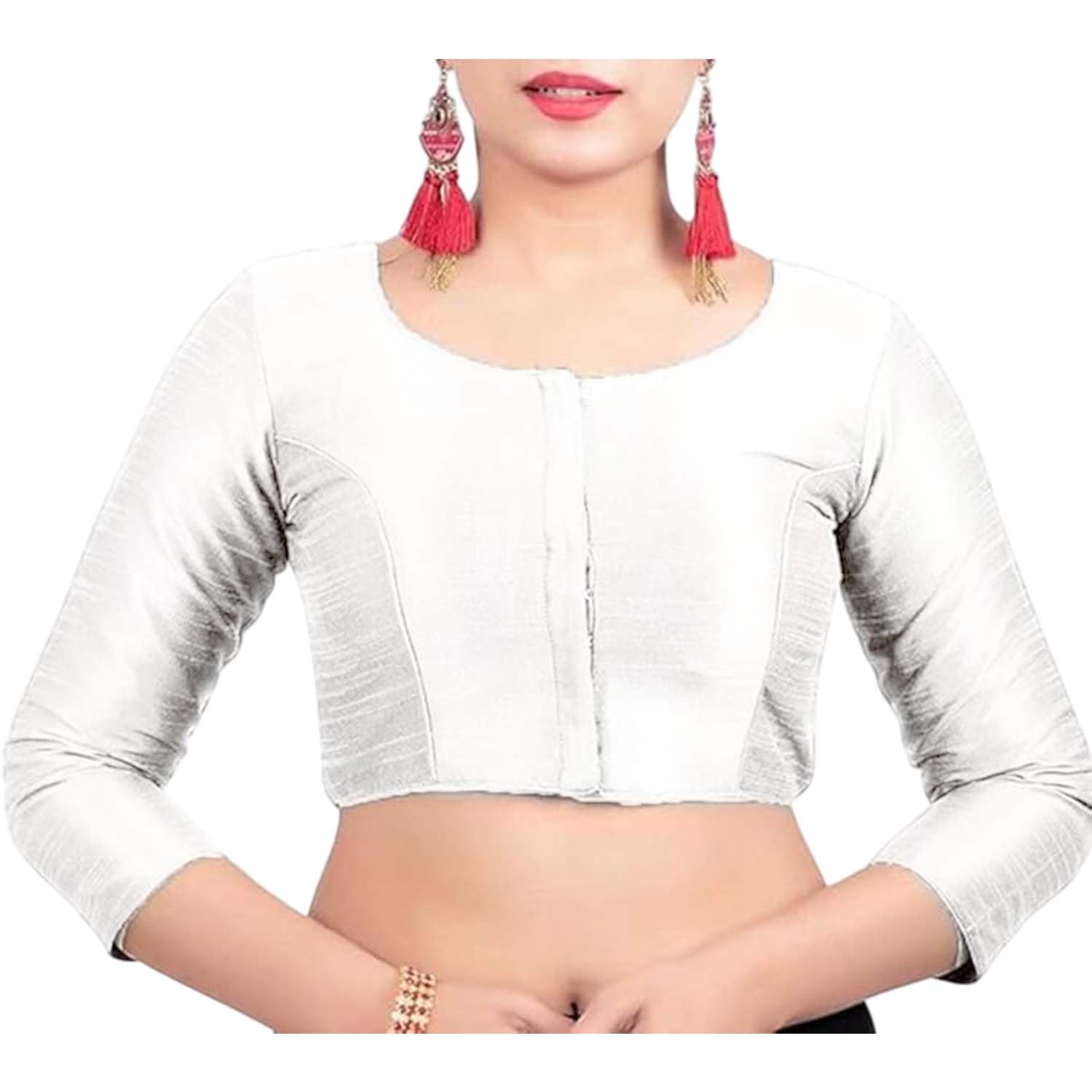 Indian Bollywood Dupion Silk Saree Blouse Party Wear Readymade Sari Blouse for Women Round Neck Front Open