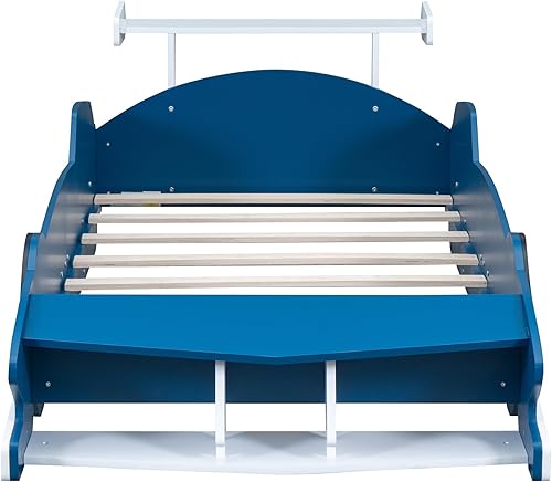 Miniatura 32 de Cama de plataforma en forma de auto de carreras con ruedas, cama de plataforma de madera tamaño individual con barandilla, cama de plataforma para