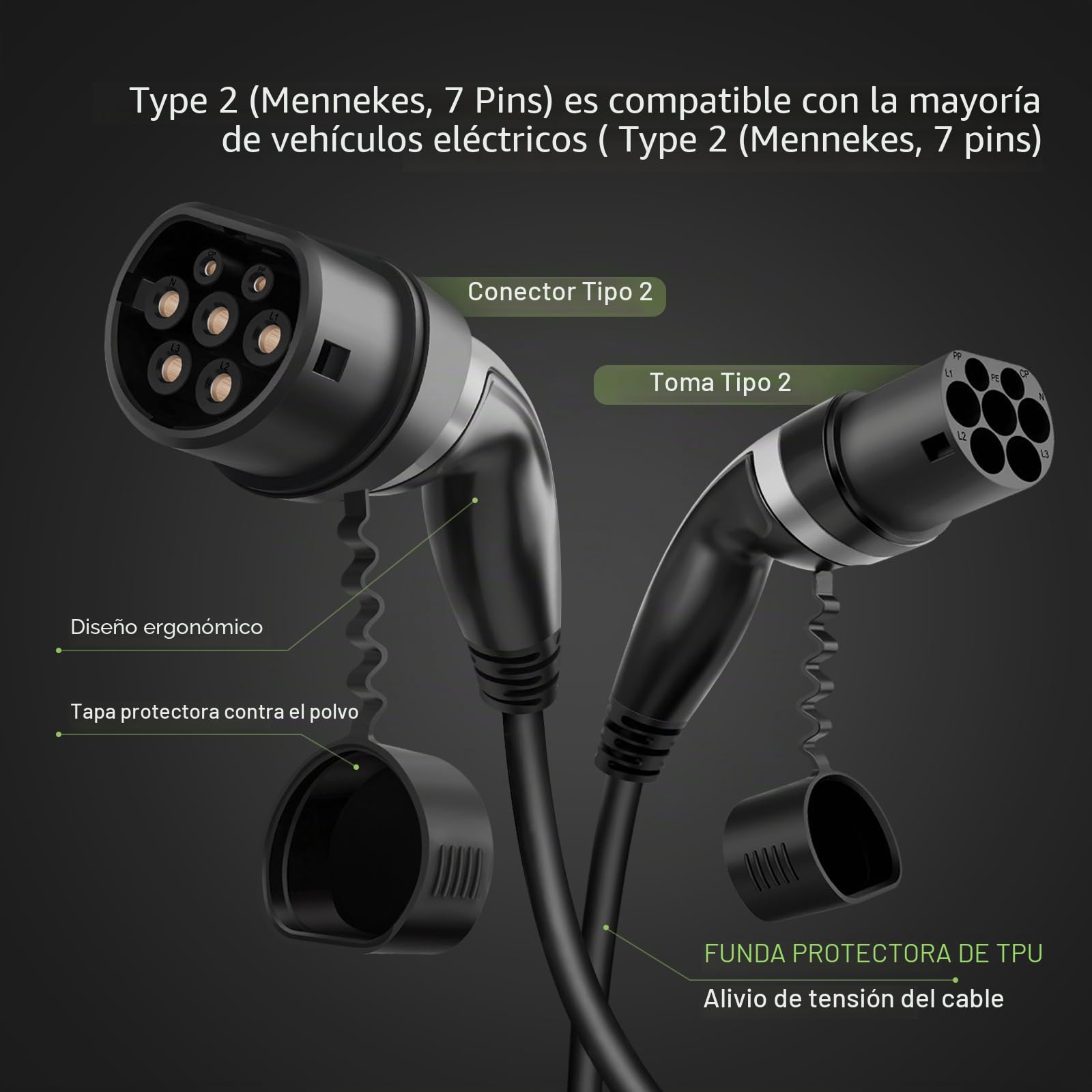 Cable de carga tipo 2 para vehículos eléctricos, 22 kW, portátil de 3 fases, 32 A, Mennekes Mode 3 cable de carga para EV y PHEV (cable espiral de 5 m)