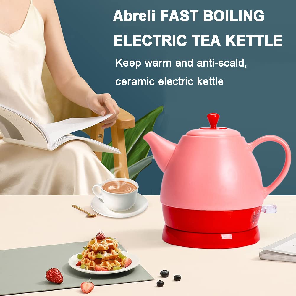Bollitore Elettrico in Ceramica da 1L, Stile Retrò, Contenitore in Ceramica Senza BPA Teiera Vintage, Resistenza Nascosta, Spegnimento Automatico, Senza Fili, 1350W (C: Red)