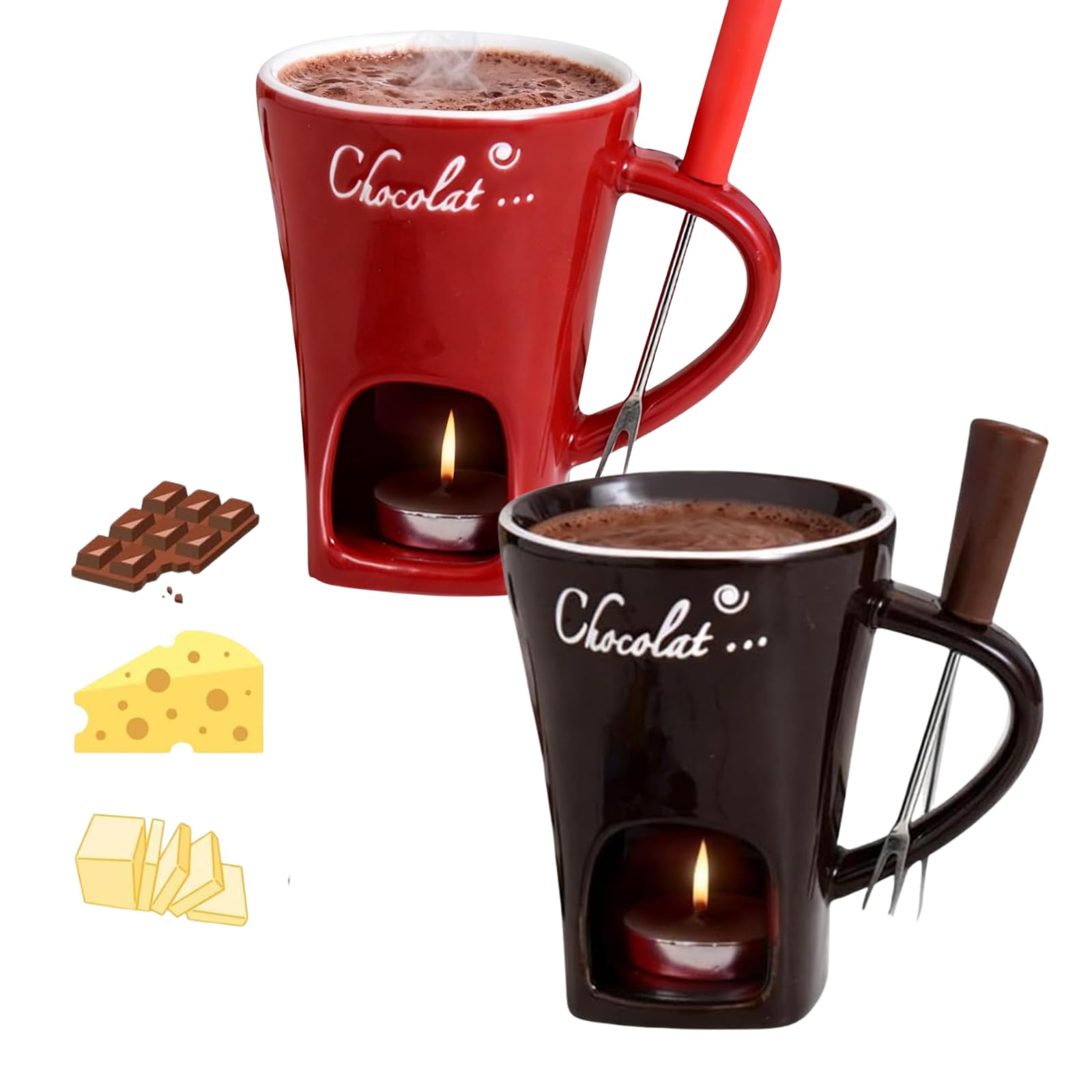 Chocolate Fondue Mug, Chocolate Melting Cup with Forks, Melting Butter Mug Pot Set, Personal Cheese Melting Cup, Warmer Mug for Candy Snack Caramel Party (2pcs-05)