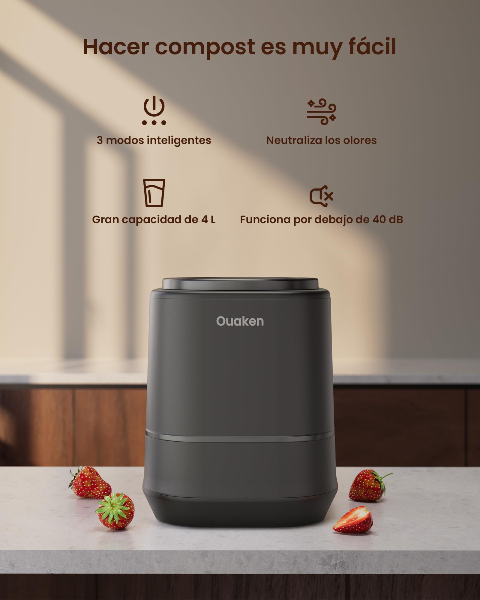 Compostador Eléctrico de Cocina 4L, Compostador Inteligente de Encimera, Sin Olor & Silencioso, Auto-limpiador – Convierte los Residuos de Alimentos en Fertilizantes, Compostador Interior, Negro