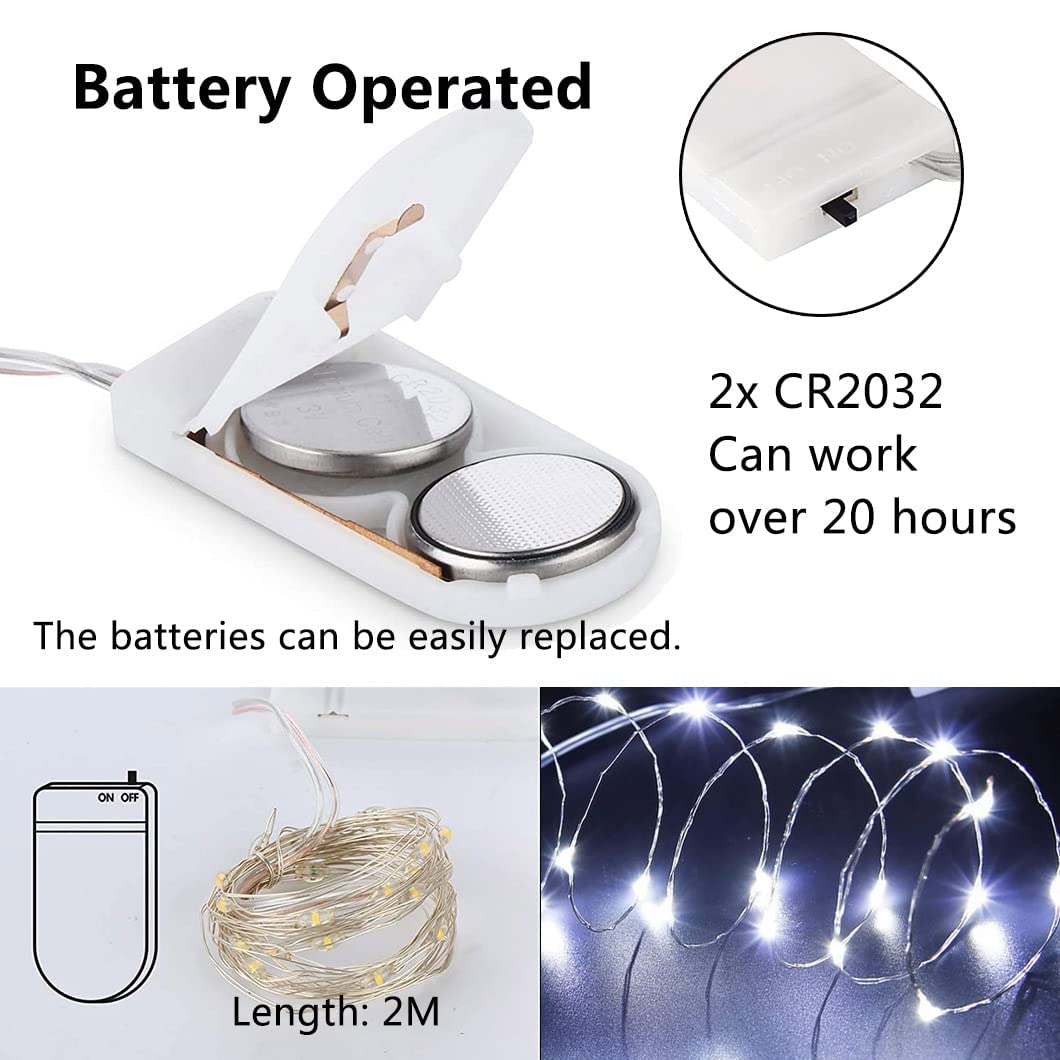 Confezione da 12 lucine luminose a batteria, 20 LED, impermeabili, in filo argentato, per esterni, per camera da letto, feste, compleanni, matrimoni, decorazioni per interni.