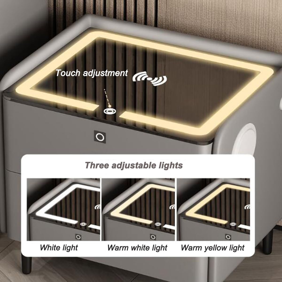 Mesita de Noche Inteligente, Mesa Auxiliar con estación de Carga inalámbrica y Luces LED, Altavoz Bluetooth, Armario Moderno con 2 cajones de Almacenamiento (Color: Gris, Tamaño 30 cm B)
