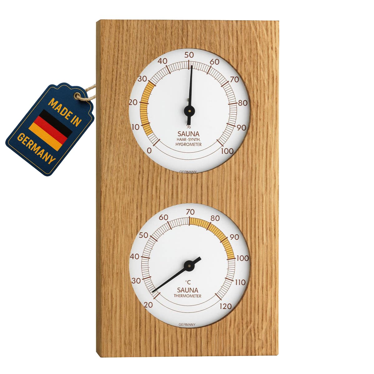 TFA Dostmann Termoigrometro analogico per sauna, 40.1052.01 con telaio in rovere, temperatura, umidità, resistente al calore