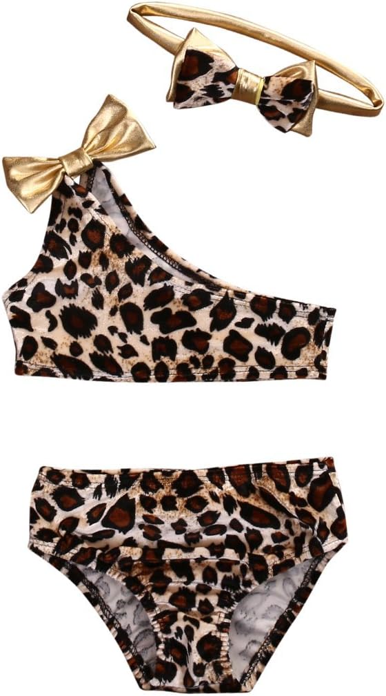 Kids Baby Girls 3pcs Leopard One Shoulder Vest Panties Bowknot Bikini Set Swimsuit Bathing Suit (A, 0-3 Months)