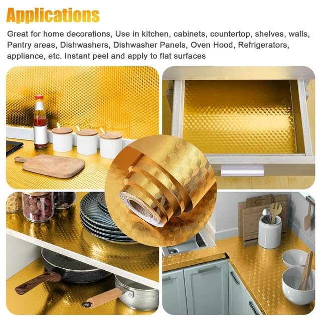 Image of SIA VENDORS Kitchen Waterproof Oil Proof Aluminum Foil Sticker, Silver Chequer Peel and Stick Wallpaper Removable and Self Adhesive Paper for Kitchen Countertops Cabinet (3D Gold, 12 x 48 Inch)
