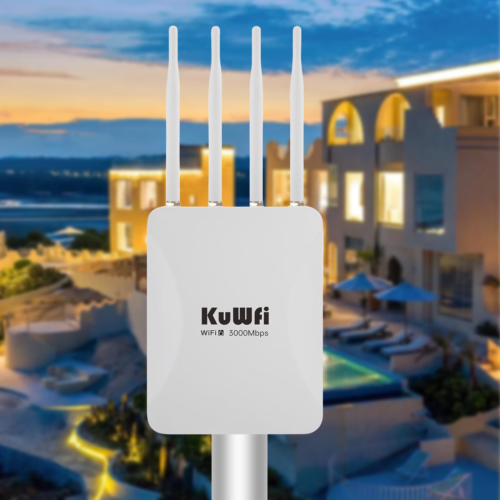 KuWFi Outdoor WiFi 6 Repeater & Extender, Punto di accesso WiFi 6 AX3000 Mbps 2,4 GHz e 5 GHz Point Bridge with 4 High Gain Antennas, Gigabit Port, Poe Powered, Supporto MU-MIMO, Seamless Roaming