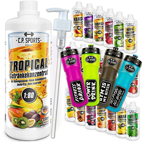 Preisvergleich Produktbild C.P. Sports Getränke Sirup zuckerfrei, Getränk 1:80 + Dosierpumpe und Trinkflasche, Getränkekonzentrat 1000ml, 1 Liter Mineral Sirup, 20 Sorten, Mineraldrink (Blue Ice, 650ml-Flasche-SCHWARZ)
