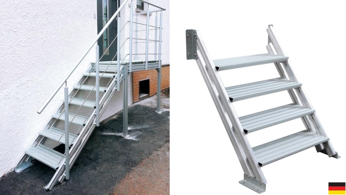German Outdoor Straight Staircase + Landing, Aluminum Stringer Landing Ground Support Balustrade, 1-Side Alu Railing Handrail 5-Step Kit to 40.16" High Please Get a Shipping Quote from us Before Order