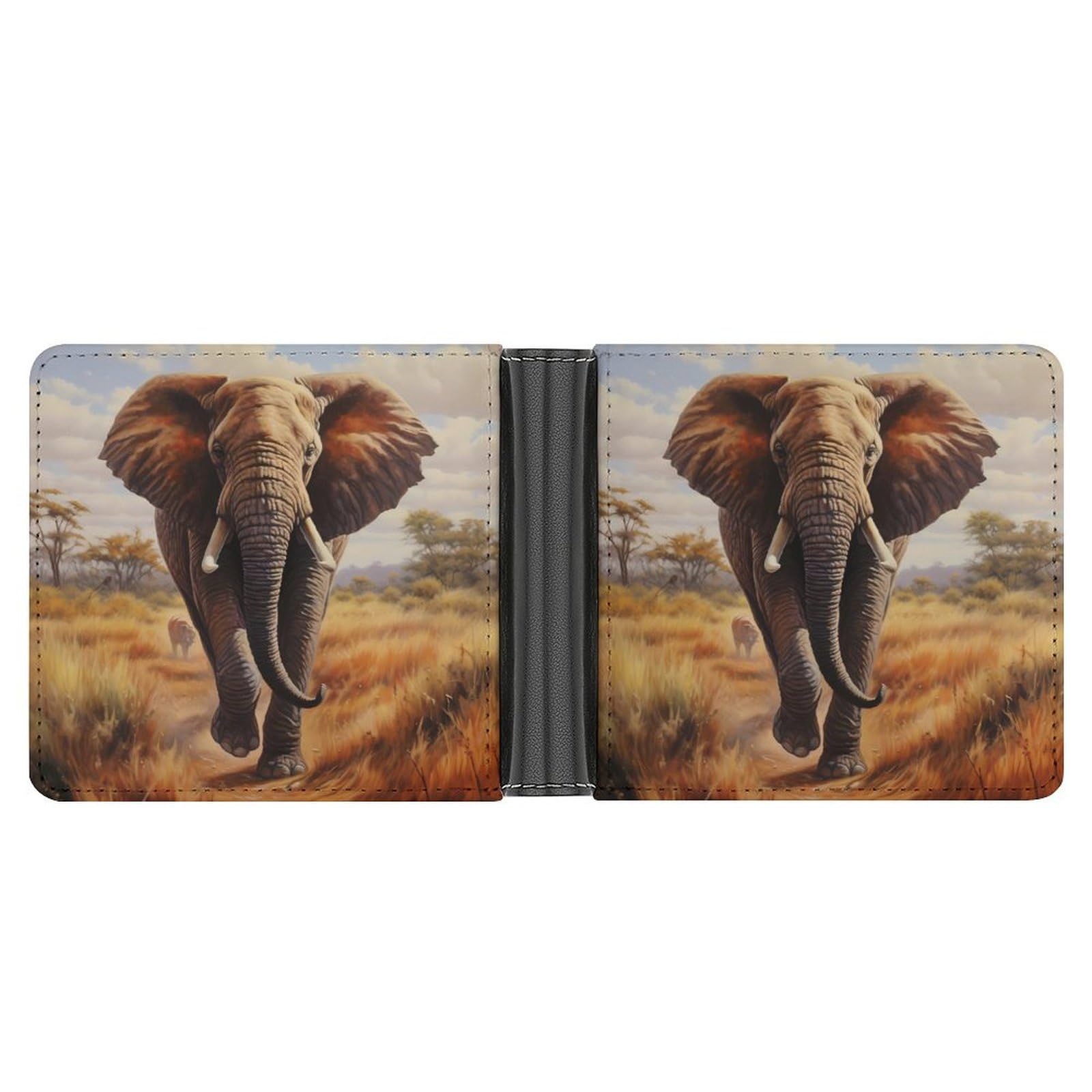 Elephant Running On The Grassland African Animal Bifold Wallet PU Leather Coin Purse Lightweight Credit Card Holder Wallet Money Clip