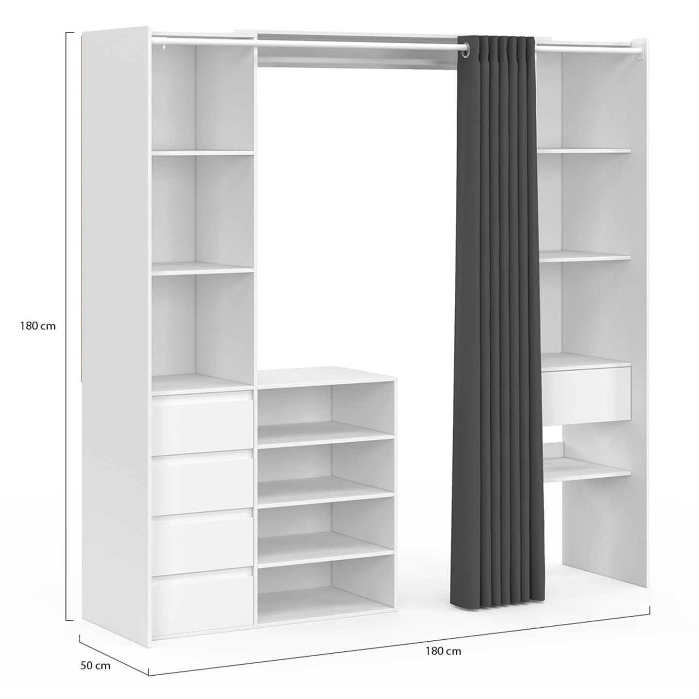 IDMarket - Vestidor extensible doble XXL MERYL 120/180 cm blanco con cajones + estantes + armario + cortina gris