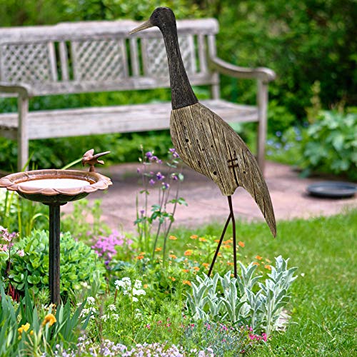 Estatua de pájaro grulla de madera y metal 31 in miniatura 3