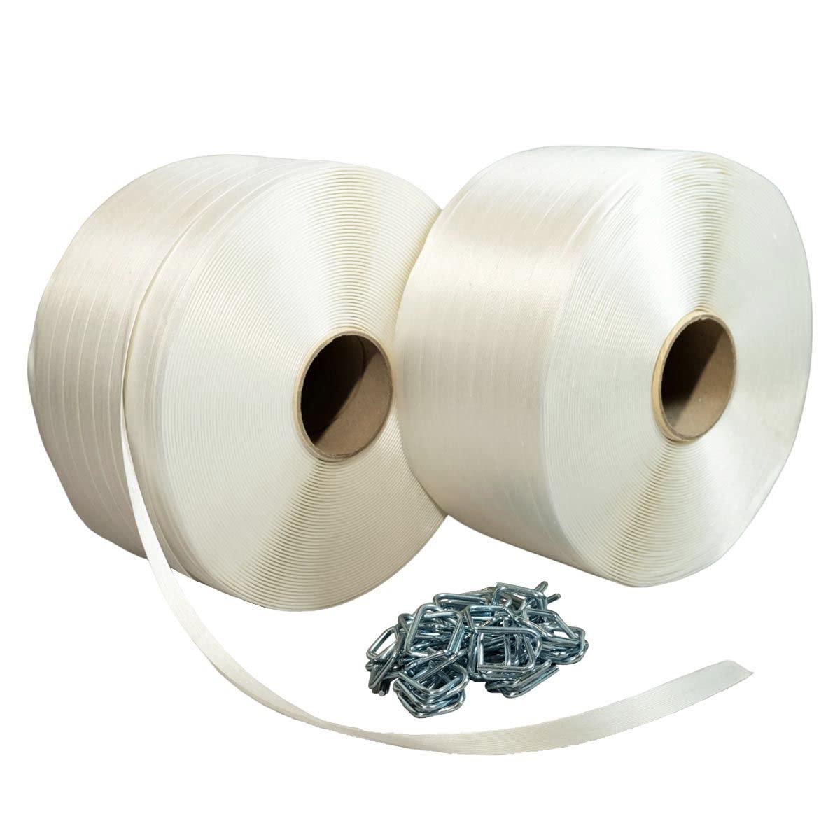 TECPLAST Pack 2 Feuillards de cerclage fil à fil PFF2 19 mm x 600 m + 250 Boucles OFFERTES - Feuillard textile Résistance 550kg